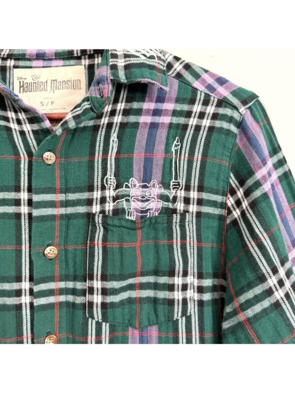 Disney Cakeworthy Haunted Mansion Green Plaid Shirt Button Down Size Small - Picture 2 of 6